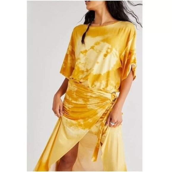 Free People Alyssa Wrap Dress Tie-Dye Yellow Full Length Maxi Women's L - Picture 1 of 11